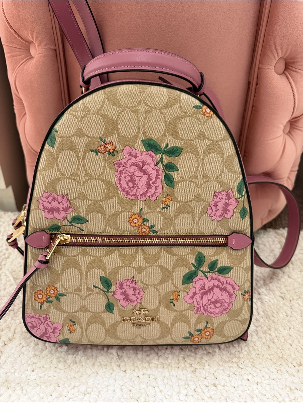 Coach Beige Floral Signature Mini Backpack with Pink Trim - Picture 2 of 4